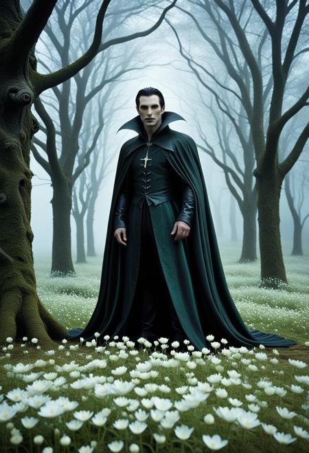 lazypos, 
A Vampire Lord, the embodiment of peak masculine form, towering, powerfully built, draped in a cloak of the deepest black that seems to absorb light itself. His pale, flawless skin is stretched taut over a statuesque frame, veins subtly pulsing beneath the surface.
He stands in a surreal clearing where the ground is covered in glistening white flowers, their leaves veined with an unnatural, shimmering green. Behind him, gnarled trees sway against an unseen rhythm, their bark subtly twisted into faces that whisper silently.
His mouth is slightly open in a subtle smile, fangs glistening, and glowing eyes burn through the heavy, dreamlike mist, locked on something just beyond sight. The sky above is not of stars, but a blank, soft void with gentle, colorless gradients, giving the sense of a forgotten dream world.
The entire scene evokes a surreal, otherworldly mood, drenched in contrast and ambiguity, a dark fairytale with subtle macabre undertones, where reality folds into something more symbolic and mythic