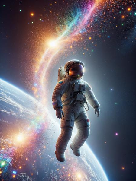 An astronaut floating in space near a space station, with ais-particlez forming a colorful aura around the suit. <lora:Particles_Style_SDXL:1>