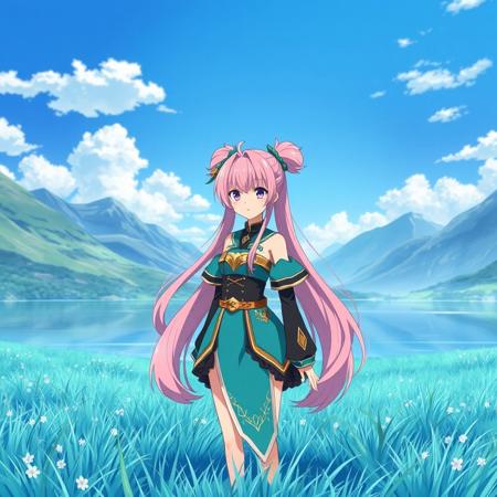 beautiful anime girl with long pink hair in a high two ponytail, teal and black outfit with gold accents, standing in a lush blue grassy field, serene lake, majestic mountains in the background, fluffy white clouds, bright blue sky, peaceful atmosphere, detailed textures, vibrant colors, Genshin Impact style