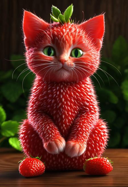 Create an image of a whimsical creature that resembles a small kitten with the texture and color of a ripe strawberry. The creature's body and face are covered in strawberry red, with characteristic seed-dotted skin. It has green leaf-like structures mimicking ears and a ruff around its neck, as if the top of a strawberry was placed on its head. This kitten-like entity has round, innocent eyes, a small pink nose, and delicate white whiskers. Its pose is seated, with one paw slightly raised as if it were about to take a gentle step, and its tail curls behind its body, appearing plump and strawberry-like as well. Surrounding the creature are actual strawberries of a similar shade of red and with green caps, scattered on a glossy wooden surface. In the soft-focused background, hints of indoor plants in shadows create an almost ethereal setting. The overall atmosphere is quaint and charming, evoking a sense of magical realism.
