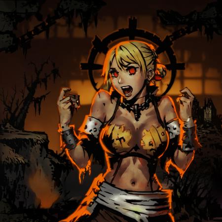 portrait, impressionistic painting by John Longstaff, DarkestDungeon, (DDAreaWarrens, (thatch hut, shipwreck), orange sky, dark sky, sewer grate), 1girl, flandre_scarlet, 2007 anime waifu, (wearing metal collar around neck, chained to a wooden post, manacles), medium messy blonde hair, side ponytail, bloodstained, pointy teeth, vampire, distressed, blushing, red eyes, nsfw, topless, bare breasts, exposed chest, exposed collarbone, bare arms, wooden cart and wooden barrels in the background, (extremely dark), (rimlight, intense highlight, bright light behind her), masterpiece, best quality, cinematic composition, vibrant, best lighting