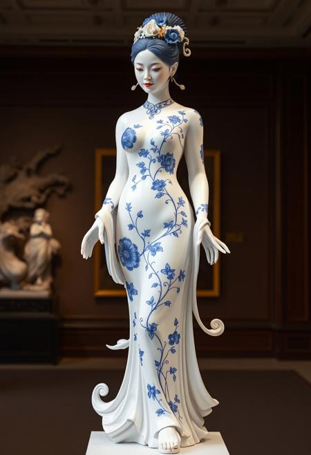 (full body shot, museum background:1.4)
A hyperrealistic chinese asian woman with a fully porcelain body and face, (standing on a pedestal in a museum:1.4), sculpted entirely from smooth, polished white ceramic. detailed, stylized like hand-painted fine china, with leaves, flowers, and curling flourishes flowing with her anatomy.
(Dynamic pose:1.2)
8K hyperrealism, ultra-detailed porcelain skin, cobalt blue floral Gzhel ornament across full body, glossy ceramic surface, no skin texture, doll-like perfection, fine art eroticism.
