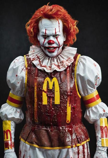 creative photo of sweaty McDonald's character Ronald McDonald as a real character, McDonalds logo on chest, blood, (dystopian movie:1.22), film grain, sweaty face, extreme detailed face ,angry, as gore movie, gruesome:1.0, full body photo