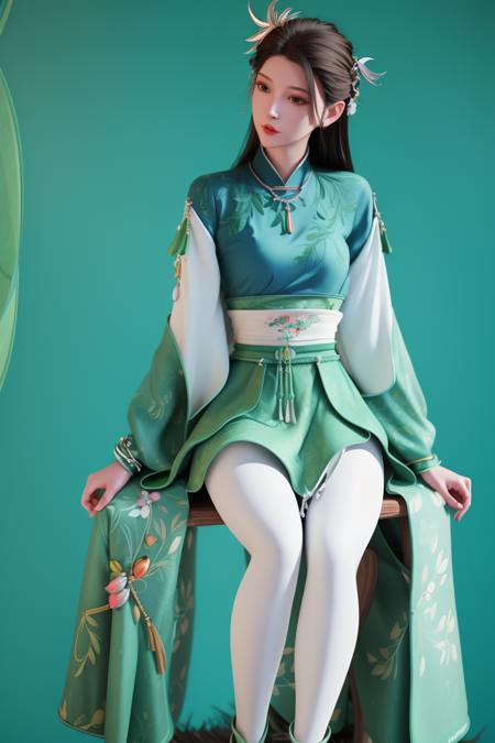 1girl,black hair,long hair,Green hanfu top,print top,Light green short skirt,((print skirt)),white leggings,print leggings,hair ornament,necklace,