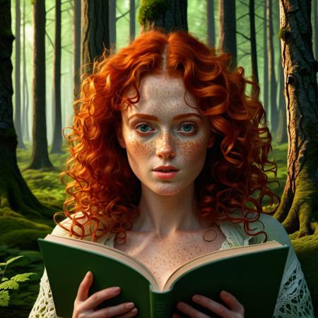 Create a high-resolution digital portrait of a beautiful red curly haired Irish woman with freckles reading a book in the forest.