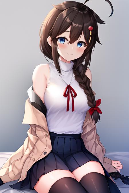 masterpiece, best quality, highres, solo, {shigure_kantaicollection:1.10}, long_hair, blue_eyes, ahoge, hair_flaps, braid, single_braid, hair_ornament, brown_hair, blush, smile, black_hair, breasts, hair_between_eyes, 1girl, long_sleeves, looking_at_viewer, off_shoulder, shirt, off-shoulder_shirt, official_alternate_costume, skirt, sleeveless, sleeveless_shirt, white_shirt, bare_shoulders, hair_over_shoulder, bangs, medium_breasts, closed_mouth, ribbon, thighhighs, black_thighhighs, blue_skirt, red_ribbon, simple_background, sitting, turtleneck