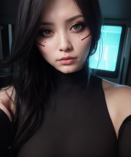 (Photo:1.3), highdetail, dark theme, (cyber_mark: 1.1), cyborg, facial mark, 1girl, long hair, black hair, closed mouth, collarbone, ponytail, black eyes, lips, head tilt, eyelashes, makeup, eyeshadow, eyeliner, looking at viewer, upper body, solo, <lora:cyber_mark-07:0.8> <lora:LowRA:0.3> <lora:epi_noiseoffset2:1>, (cyberpunk style:1.3), medium intensity lighting, (foreshortening:1.3), (masterpiece, best quality, absurdres, detailed, ultra-detailed:1.3), (HDR:1.3)