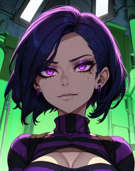 TakHuman, short blue hair, small earrings, purple eyes, mole under eye, evil smile, 
standing, upper body, mean expression,  from below,   cleavage, 
striped sweater with logo, turtleneck, pelvic curtain, 
dark lab, purple lighting, lab tech,
(insanely detailed, beautiful detailed face,beautiful detailed eyes, masterpiece, best quality) 
 <lora:TakHuman-10v6:0.7>