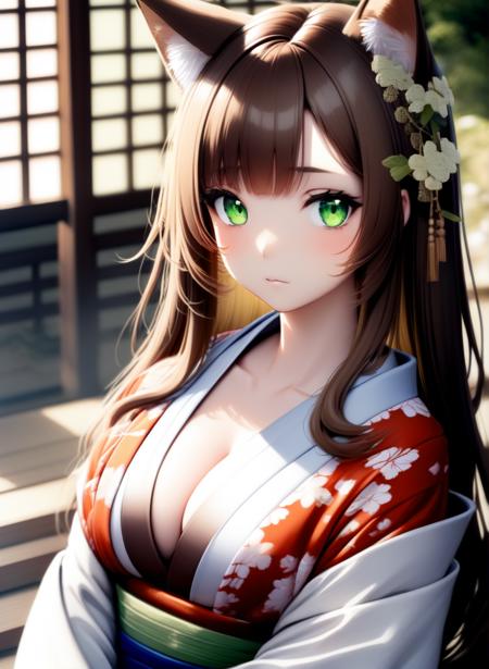 1girl, long hair, kimono, green eyes, animal ears, brown hair, temple, cleavage,