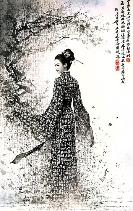 Black and white concept art, calligraphy.
foreground: A beautiful Chinese  woman in a robe made of densely packed Chinese calligraphy characters, in black and white, back to camera, head turned, profile view, her body is visible under the robe.
background: She blends into the black and white Chinese calligraphy characters printed on the wall, detailed, 8k
