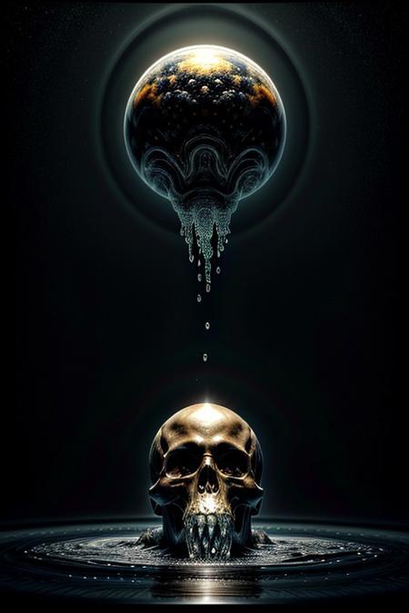 A close-up photorealistic image of a crystal-like floating skull facing dynamic view with its mouth open, pouring from it's mouth a shimmering liquid resembling the universe onto the ground, filled with rich stars and swirling galaxies. A simple void background enhances the dark atmosphere, shrouded in fog, capturing the hypnotic flow and shimmer of the cosmic liquid, from side,