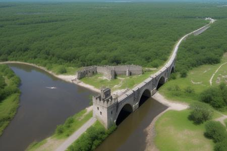 A realistic swamp with old Castle walls in the water. There is an old stone bridge were a kid is walking alone. There is a buda face statue in the water. Next to the bridge there is a gigantic snake swimming under the water. Make the image seen from the top view.