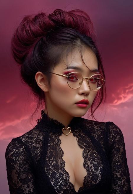 This is a highly stylized, digital illustration in a fantastical, surreal style. The subject is a young Asian woman with fair skin and a petite build. She has a delicate, heart-shaped face and expressive, almond-shaped eyes adorned with dramatic, bold red eye makeup. Her hair is styled in a loose, voluminous updo with tendrils framing her face. She wears elegant, thin, gold-rimmed glasses that add an intellectual and sophisticated touch to her appearance. 
She is dressed in a black, lace top that reveals a deep V-neckline, showcasing her delicate collarbone and upper chest. The lace has intricate patterns and a slightly transparent texture, hinting at a sensual, ethereal quality. She accessorizes with a black lace choker around her neck, adding to the gothic, mysterious aesthetic.
The background is a swirling, fantastical landscape of deep red and pink clouds, reminiscent of a surreal sunset or stormy sky, with a gradient that transitions from deep red at the bottom to a lighter pink at the top. The lighting in the image is dramatic, casting a soft glow on her face and creating a dramatic, moody atmosphere. The overall composition and color palette evoke a sense of otherworldly, artistic beauty.