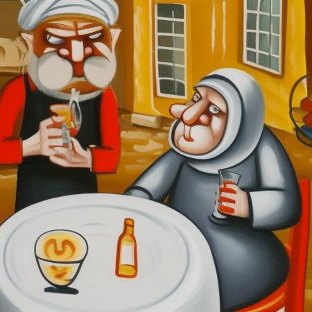 vlozhkin  a sullen old man in a white T-shirt and a old woman are sitting at a table and drinking vodka, at restaraunt, next to a cat,  vlozhkin  detailed face, vlozhkin style, illustration, art