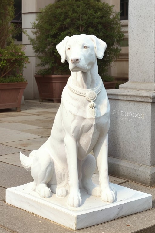 photo of a dog, a dog as a (white_statue,stone_statue:1.3), on a pedestal, modelshoot style, photo of the most beautiful a...