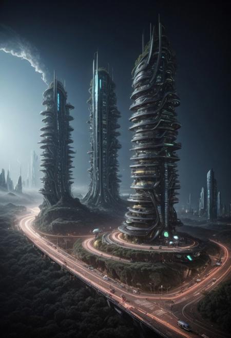 (An imaginary picture of the reappearance of future civilization:1.6),great lighting, OverallDetail, junkworld, BadDream, FastNegativeV2, elven architecture,
(future civilization, future street, future buildings, future vehicle:1.6),
(circuit board:1.5)
(lots modern design housing on the spacecraft, masterpiece:1.5), future_urban, future_skyline,
(large file, super realistic, 4k, 8K, 16k, FHD, HD, VFX , perfect, photograpy, construction sales photograpy, Interior design, super high resolution, cinematic photography:1.2),   
(extra long shot, wide-angle lens, POV, DOF:1.1), 
(creeping fogs, dust shining in the light:1.4),
(amazing, mystery, Spectacular, Luxurious, elegance, perfect design, harmonious color:1.1),
(nion light, tron, Signboard light box | Advertising screen | TV wall | Neon advertising:1.4),
fashion design, Modern, Modernism, mystery, Spectacular, Luxurious, elegance, perfect design,
(industrial:**|mechanical:**|gritty:**|metallic:*|sci-fi:**|future:**|Organicism:**_style),
[Metal|Leather|Flash|Neon|Glass|Screen|carpaint_Detailed Texture: 0.7]
[[urban landscape:**|moon:**|nature landscape:**:|changeable cloud:**]:0.75],
[skyscraper:**|building:**|viaduct:**|future city:**|MRT:**|park:**|neon sign:**_urban landscape::0.85],
(blurred background:1.4),
[(background, more_details:0.3), (more_details:0.6), (more_details:0.8),
(more_details:1.2):0.65],
BadDream, FastNegativeV2, OverallDetail, great lighting, elven architecture, futureskyline, futureurban
