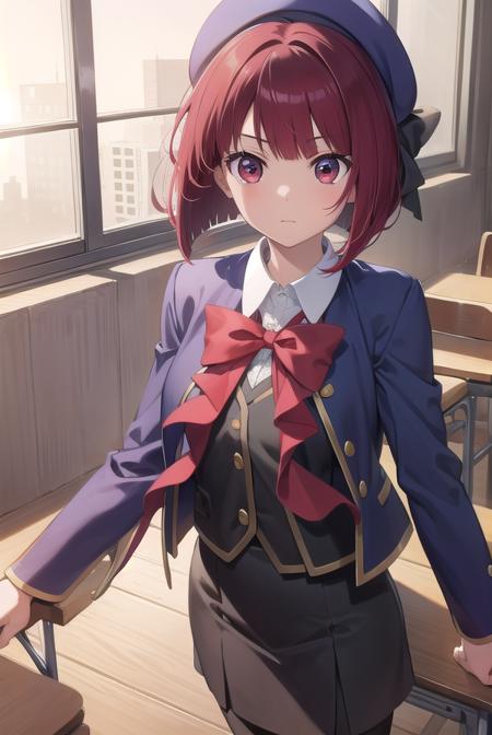 kanaarima, <lyco:kanaarima-lyco-nochekaiser:1>,
kana arima, bob cut, (red eyes:1.5), red hair, short hair,
BREAK beret, blue headwear, blue jacket, blue vest, hat, jacket, pantyhose, ribbon, school uniform, skirt, vest, youtou high school uniform,
BREAK looking at viewer,
BREAK indoors, classroom,
BREAK <lyco:GoodHands-beta2:1>, (masterpiece:1.2), best quality, high resolution, unity 8k wallpaper, (illustration:0.8), (beautiful detailed eyes:1.6), extremely detailed face, perfect lighting, extremely detailed CG, (perfect hands, perfect anatomy),