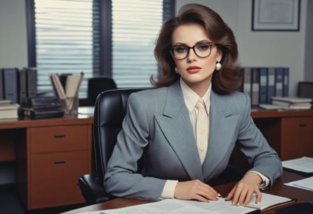 Old photography from 1980s, beautiful woman with expensive makeup, in business outfit, in glasses, (heels), elegantly posing in office, (detailed hands), 8k, intricate details,