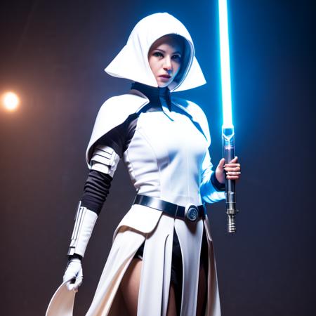 photo, woman with a sci - fi outfit holding a light saber (ghostshell style:1)  <lora:djzGhostShellV21:0.8>