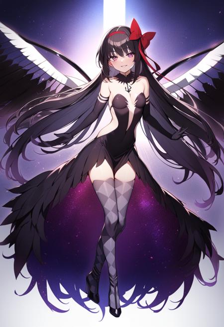 1girl, akuma homura, solo, long hair, elbow gloves, gloves, purple eyes, thighhighs, wings, black hair, looking at viewer, bow, hair bow, dress, breasts, choker, argyle, high heels, argyle legwear, black gloves, parted lips, black dress, bare shoulders, very long hair, feathered wings, red bow, small breasts, ribbon, smile, black wings, cleavage, masterpiece, best quality, late, <lora:char - akuma homura - v1 - bionagato:1>