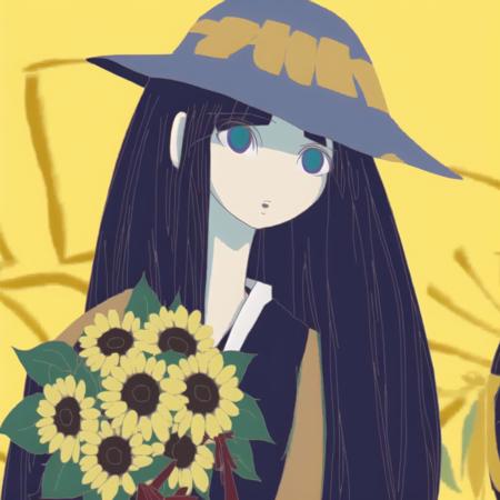 <lora:naniyattemoumakuikanai:1>, 

asmiyoukai,

1girl, bare arms, blue ribbon, bouquet, bow, collarbone, dress, flower, grey dress, hat, hat bow, holding, holding bouquet, long dress, long hair, looking at viewer, purple bow, purple hair, ribbon, sleeveless, sleeveless dress, solo, standing, straight hair, straw hat, sun hat, sundress, sunflower, very long hair, yellow eyes, yellow flower, yellow headwear