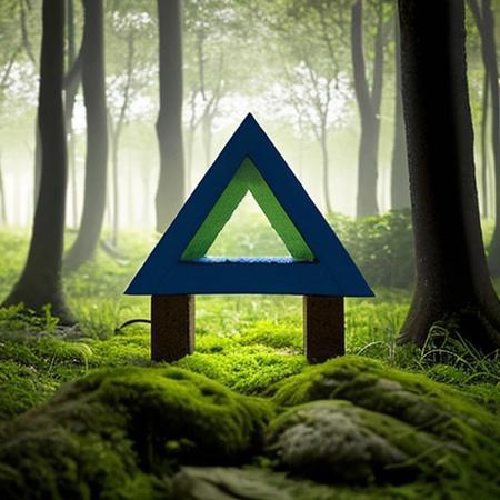 A hyper-realistic painting featuring a three-dimensional blue triangle with human eyes and a mouth, clearly expressing an emotion such as sadness or joy. The triangle should have realistic textures and lighting, making it appear as part of the physical world. It is set in a lush, vibrant forest at dawn, with sunlight filtering through dense foliage, illuminating the moss-covered ground and small wildflowers. Birds and woodland creatures add life to the serene setting. The triangle should blend seamlessly into the environment despite its surreal form, creating a striking contrast between the natural beauty of the forest and the lifelike, anthropomorphic triangle