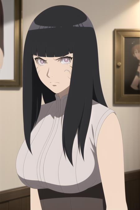 <lora:HyugaHinata-v1-06:0.6>, ChopioHyugaHinata, long hair, black hair, straught hair, shiny hair, blunt bangs, white eyes, no pupils, (looking at viewer:1.3), mature female, large breasts, outfit_1, white shirt, ribbed shirt, sleeveless, waistband, purple shorts, bandaged leg, thigh pouch, black thighhighs, knee boots, black footwear, toeless footwear, white eyes, white pupils, facial mark, veins,