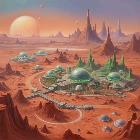 A pastel painting by "J. Carter", a young government scientist, depicting a fantastical city on Mars after terraforming, science-fiction city, painted in the 1940's, the city is called Mars Alma
Mars terraforming complete, only the high peaks remain of red sand, far away lakes. a couple of biodomes, savana