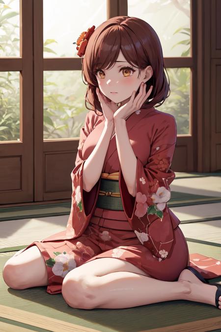 masterpiece, best quality, absurdres, perfect anatomy, 1girl, solo, MaryHunt, indoors, kimono, hair flower, floral print, wariza, sitting, hands on own knees, <lora:MaryHunt:1>