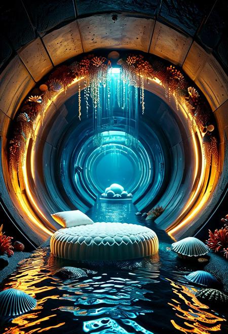 a subterranean cavern, accessed via a concealed entrance somewhere within the concrete jungle of a modern metropolis. Descending a spiraling staircase carved from solid limestone, one finds oneself standing at the base of a tremendous monolith of polished basalt, roughly the shape of a giant clam shell.
Upon this megalith reposes a plush mattress, layered with silken sheets printed with intricate designs resembling scallops and fan shells. Plump pillows embroidered with pearl-thread motifs invite weary visitors to sink into luxurious repose.
Overhead, luminaires shaped like pulsating jellyfish emit a mesmerizing kaleidoscope of color, shifting gradually through the spectrum from cool blues to warm amber hues. Their light filters down through the watery medium of the aquarium tanks lining the walls, causing schools of exotic fish to swim languidly among coral formations imported from the reefs of the South Pacific.
Through arched portholes framed in mother-of-pearl, one catches tantalizing glimpses of the teeming streets and skyscrapers of the city above, their steel-and-glass facades reflecting the dancing illumination of the submerged boudoir.
concept-art, digital, dreaminess, futuristic, eeriness, fantasy, other-worldliness, sci-fi style, technological, alien worlds, space themes, advanced civilizations, 
best quality, masterpiece, aesthetic, highly detailed, absurdres, unreal engine, octane rendering, vivid, vibrant, 
tunnel, sewer tunnel, reflection, creepy, dark, dirty,