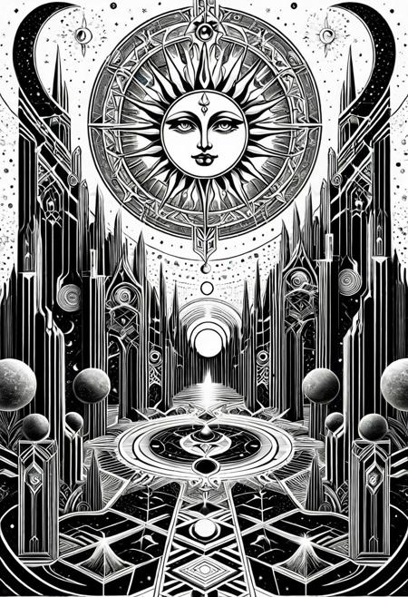 RetroBG,
 sun and moon, white background,  without color, Gothic design , for tattooing, , metaphysical art, surreal landscapes, abstract forms, vivid colors, mystical symbolism, ancient mythology, multi-dimensional figures, dreamlike atmosphere, geometric patterns, cosmic themes, fusion of cultures, fantasy elements, otherworldly scenery, ethereal light, philosophical undertones