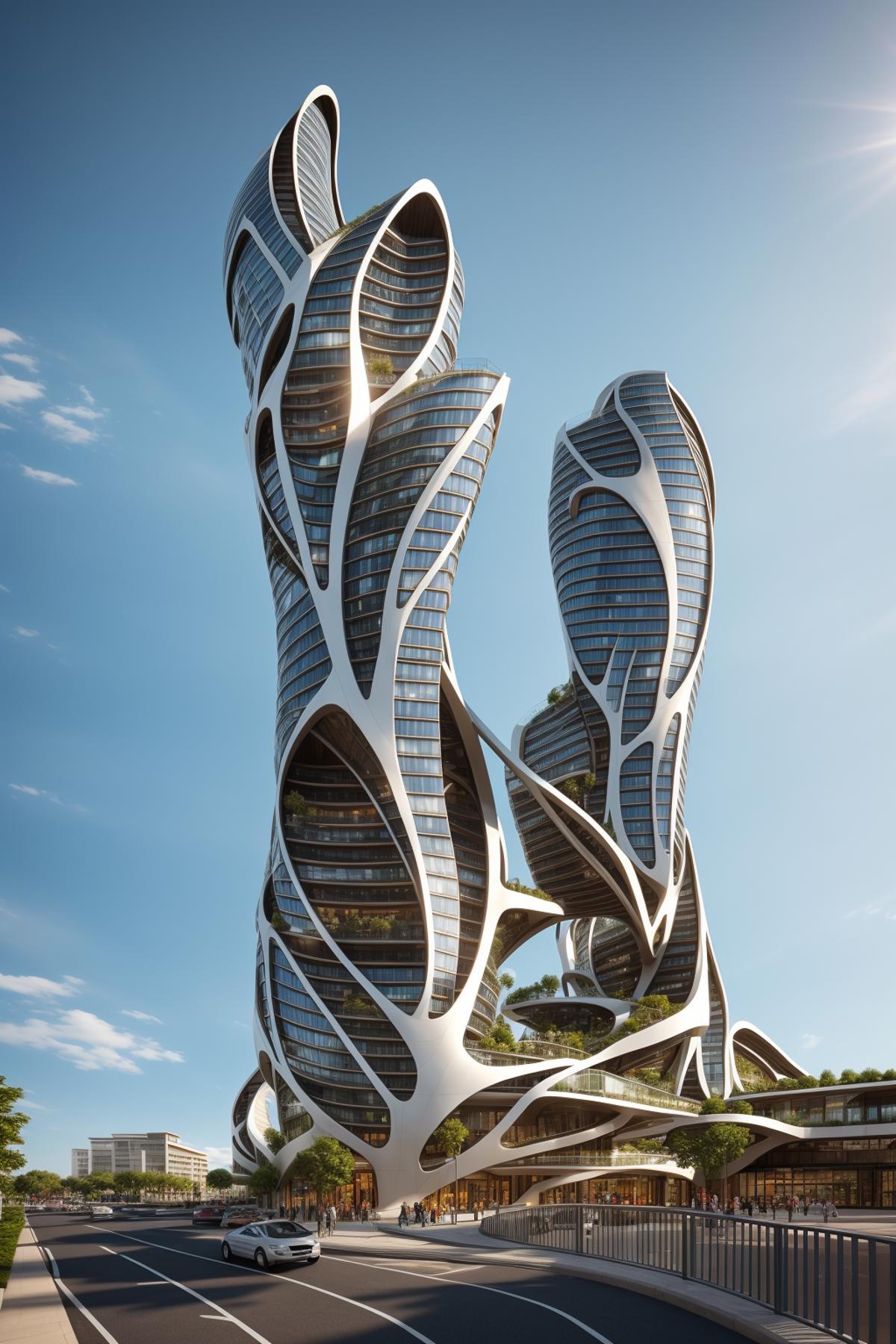 A Futuristic Cityscape of Tall, Curved Buildings with Balconies and Trees