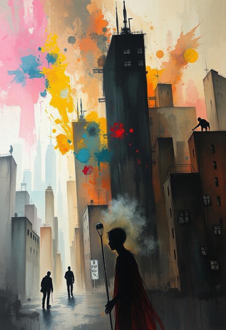 A dynamic cityscape where buildings and figures stretch and melt into one another, with vivid, emotional color washes blending into misty, fading silhouettes.
expressive gestural abstraction meets ghostly decayed figuration, fluid elongated brushstrokes blending into soft eroded textures, surreal movement and atmospheric depth, bold rich color palette with smoky muted tones, dreamlike yet hauntingly beautiful composition