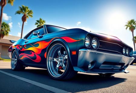 A caricature of a car, 1car, pimped car, too large wheel rims, muscle car, colorful Airbrush design painting,  funny pic, (no human, no face:1.3),
stands on street, parked, 
car front to viewer, 
side view, from above, focus on car, 
palm trees, sun,