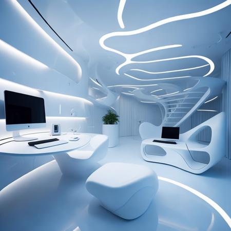 <lyco:bionic style interior design:1.0> a room with modern furniture and computer in a futuristic office design, minimal, in the style of applecore, soft and bright forms