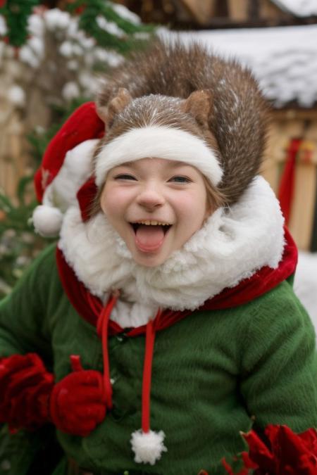 score_9, score_8_up, score_7_up, score_6_up, score_5_up, score_4_up, (((squirrel))), green Christmas dress, bells, cute, (feral:1.2), (red fur), blue eyes, (happy, expressive:1.5), (incoming hug, reaching towards viewer, perspective, depth of field, arms spread, hugging viewer, embracing viewer), upper body shot, (close up:1.5), out of frame, 3lf, green headwear, belt, fur trim, bells, (snow, village, Christmas:2),