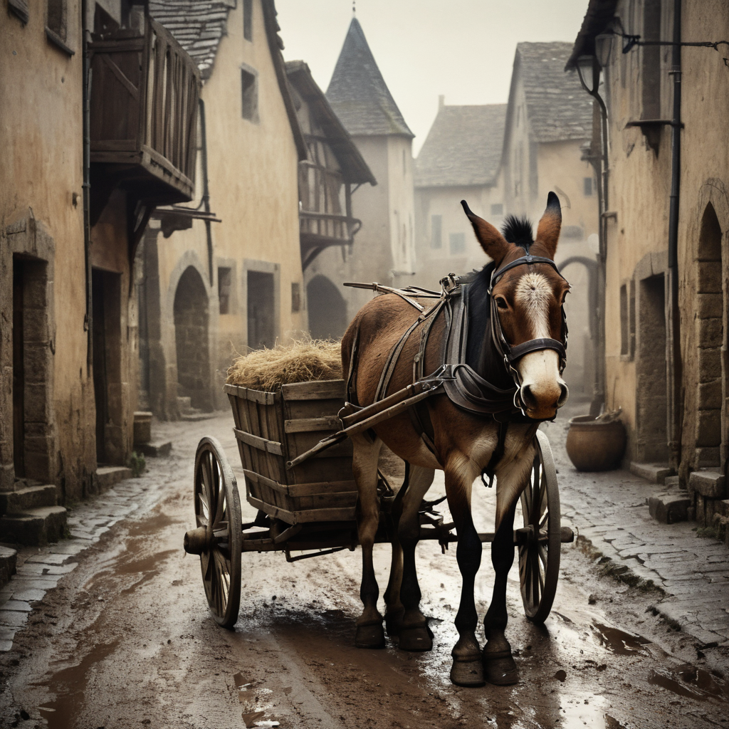 a mule pulling a cart, (medieval town:1.3), (faint of enigmatic smile:0.25), looking at viewer, in a muddy street, dim lit, eye contact, portrait, vintage photo,