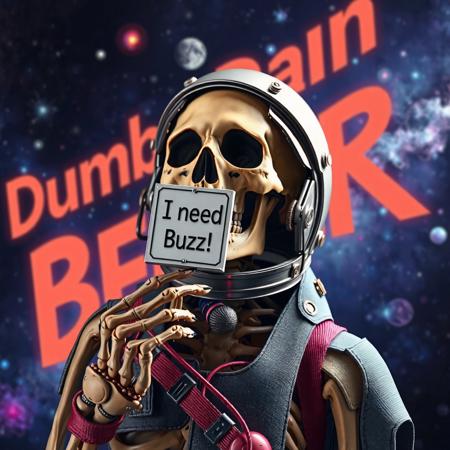 masterpiece, intricate photo realistic photo, realistic outer space skull astronaut in astronaut suite with helmet and transparent visor holding in the skeleton hand a small white sign on which is written "I need Buzz!", background outer space, stars, galaxies, nebulae, in the sky is written in neon letters "Dumb Buzz Beggar", as realistic as possible, hyper realistic, highly detailed, sharp focus, dusk and dawn of technology, dark art, gothic art, cyberpunk style, best quality, high resolution, colorful, vibrant colors, studio lighting, high quality image, no wrong proportions, 8K