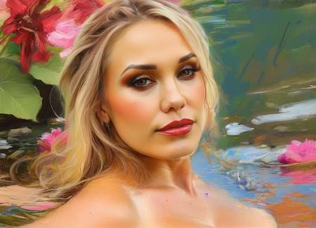 elegant woman 32yo,brown and blonde hair,Charcoal and chalk drawings. sketch, fine painting, hyper-detailed, matte painting, beautiful woman, sexy woman bathing in burgundy riviera of multicolor flowers, painting in the style of Anders Zorn, Alexi Briclot, Luis Royo,open eyes