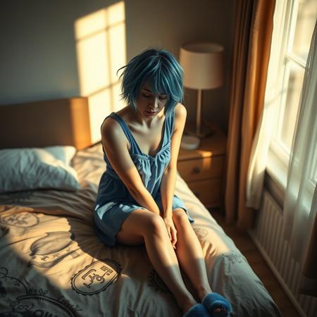 high quality, 8K Ultra HD. a woman with short, untidy blue hair sits on the edge of her bed, she is wearing a short blue nightdress and blue slippers, she looks tired, early morning sunlight comes through a window illuminating the scene, long shot, deep focus, high level view