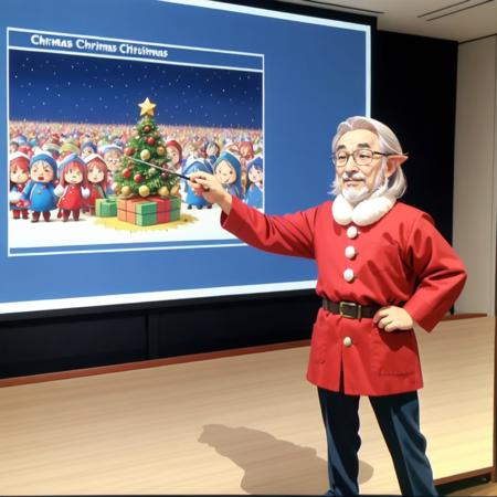 old man, glasses, presentation, screen, realistic, holding pointer, in front of a large screen, epoch elves on it, <lora:Presentation _v1:0.5>  , <lora:XmasTad:0.8>, XmasTad