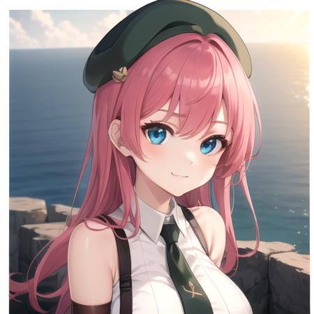 ((masterpiece)),(best quality),official art,extremely detailed CG,unity 8k wallpaper,ultra detailed,A lighthouse on a cliff by the sea,1girl,solo,upper body,(portrait:1.2),large breasts,gloves,suspenders,shorts,long hair,necktie,seductive smile,beret,pink hair,fingerless gloves,blue eyes,black thighhighs,sleeveless,shirt,suspender shorts,looking_at_viewer,<lora:Novice female-1.7(TNT):0.6>