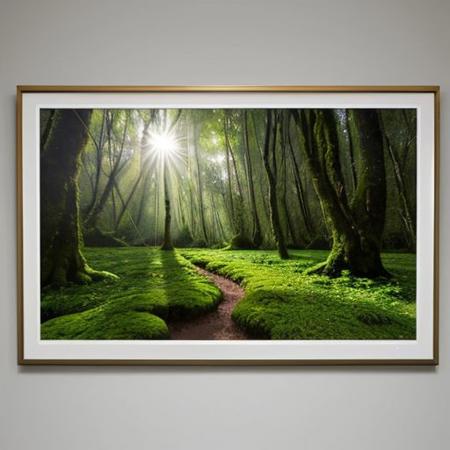 A hyper-realistic painting featuring a three-dimensional blue triangle with human eyes and a mouth, clearly expressing an emotion such as sadness or joy. The triangle should have realistic textures and lighting, making it appear as part of the physical world. It is set in a lush, vibrant forest at dawn, with sunlight filtering through dense foliage, illuminating the moss-covered ground and small wildflowers. Birds and woodland creatures add life to the serene setting. The triangle should blend seamlessly into the environment despite its surreal form, creating a striking contrast between the natural beauty of the forest and the lifelike, anthropomorphic triangle
