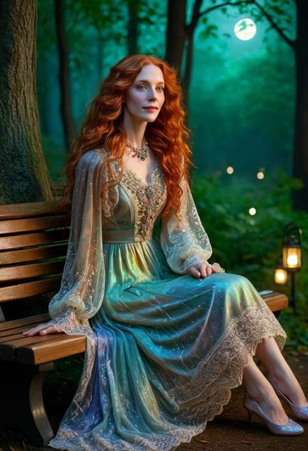 A captivating, cinematic night time photo of an elegant beautiful older woman, (age 50:1.2), sitting on a park bench, happily smiling, hands on lap, with long curly dark orange hair, (freckles:1.3), looking at camera, full body view. She is dressed in an exquisite, sparkling ((gl1tt3r, glitter, iridescent)) translucent multi-colored Victorian dresses adorned with intricate lace and silver thread patterns. Her long orange hair flows elegantly, and her eyes are a striking shade of green. Matching slippers enhances her look. The background is a mystical, moonlit forest, dark shadows and glowing lanterns, mist, fireflies, creating an atmosphere of supernatural enchantment., DarkFantasy, photo, cinematic,