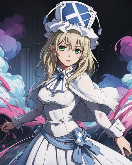 masterpiece, best quality, high quality, 2k, 4k, pmmmorikomagi, 1girl, green eyes, blonde hair, white dress with puffy skirt, long sleeves, decorative shield on skirt, high white hat with two tassels, shawl on shoulders, (dynamic shot), cowboy shot, looking at viewer, colorful, <lora:pmmmorikomagi-000016:0.8>