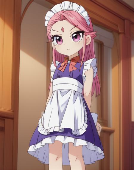 masterpiece,<lora:add_detail:1> ,facing the camera,Wheat skin, best quality,1girl,tilt head, small breasts,standing, hands behind,<lora:éå¿_v1.0:0.8> ,pink hair, long hair,tiexin,Maid outfit, white stockings