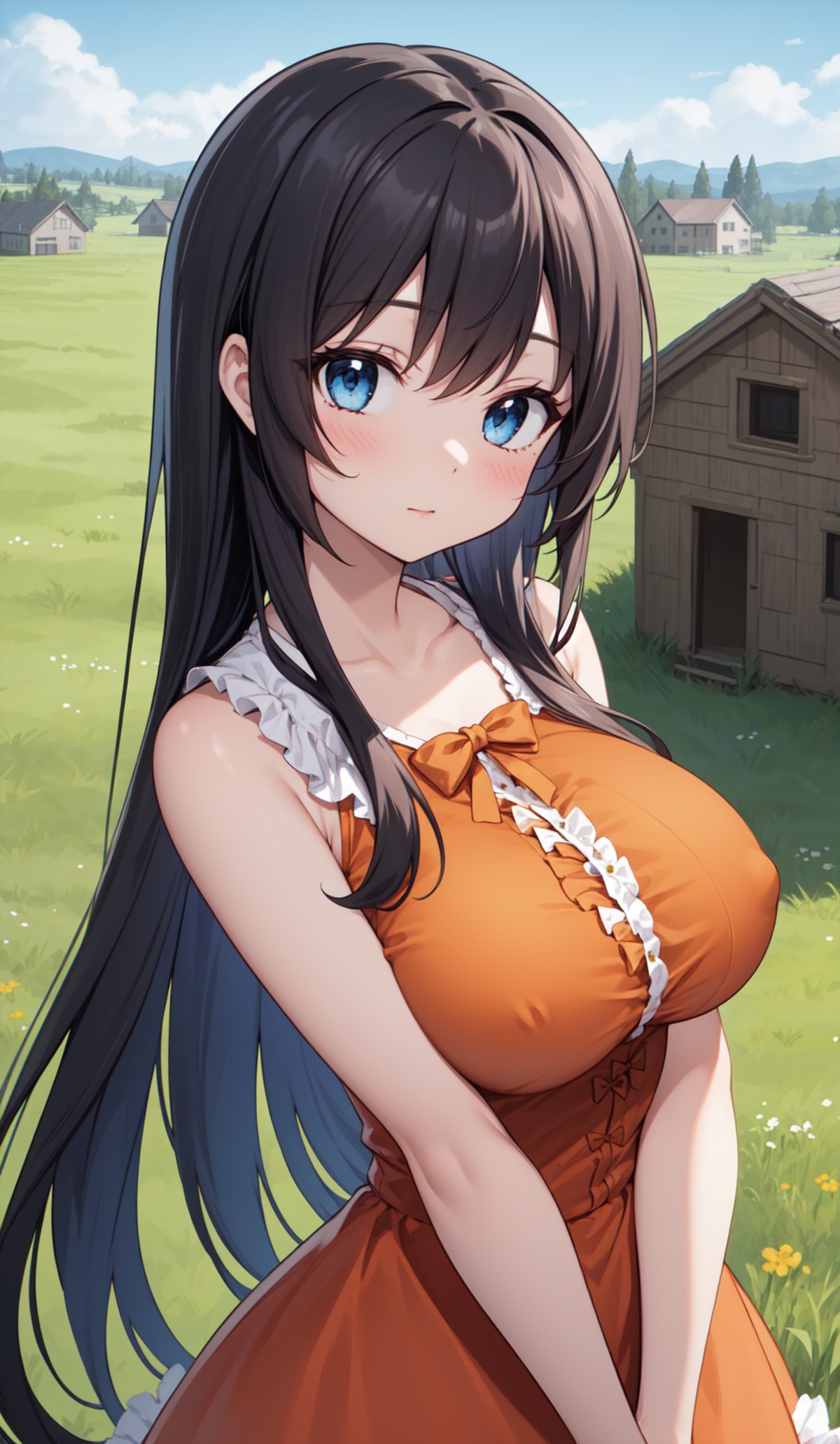 masterpiece, best quality, 1girl, outdoors, houses, meadow, large breasts, upper body, orange dress, bow, frills, sleevele...
