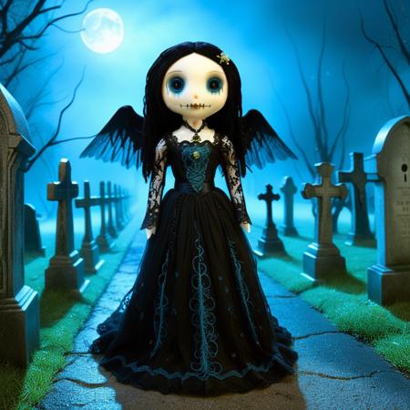 concept art , ultra detailed, ultra quality, cinematic, dramatic lighting  ,<gothic doll:1.3>, <Victorian funeral dress:1.5>, long flowing black train, delicate spiderweb-patterned lace, <moonlit cemetery:1.4>, ancient tombstones, weathered statues of angels, mist-covered ground, soft blue moonlight, glowing fireflies, eerie and tranquil, <soft fog effects:1.2>, intricate patterns, <dramatic high-contrast lighting:1.5>, photorealistic shadows
 <lora:Gothic-Dolls:1> gothic_dolls . digital artwork, illustrative, painterly, matte painting, highly detailed