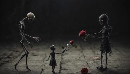 tiny stick figure of a woman giving a rose to a (monster:1.2), photorealistic, horror