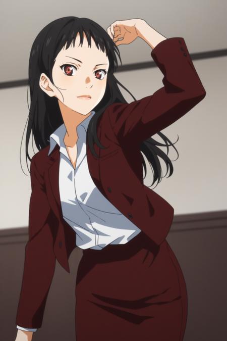 igawa emi, long hair, black hair, bangs, red eyes igawasuit, red jacket, white shirt, collared shirt, red skirt, pencil skirt, black pantyhose, red shoes igawadress, red dress, long dress, long skirt, collarbone, bare sholder, strapless, red shoes